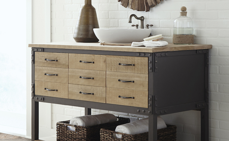 bathroom vanity with wood look tile flooring